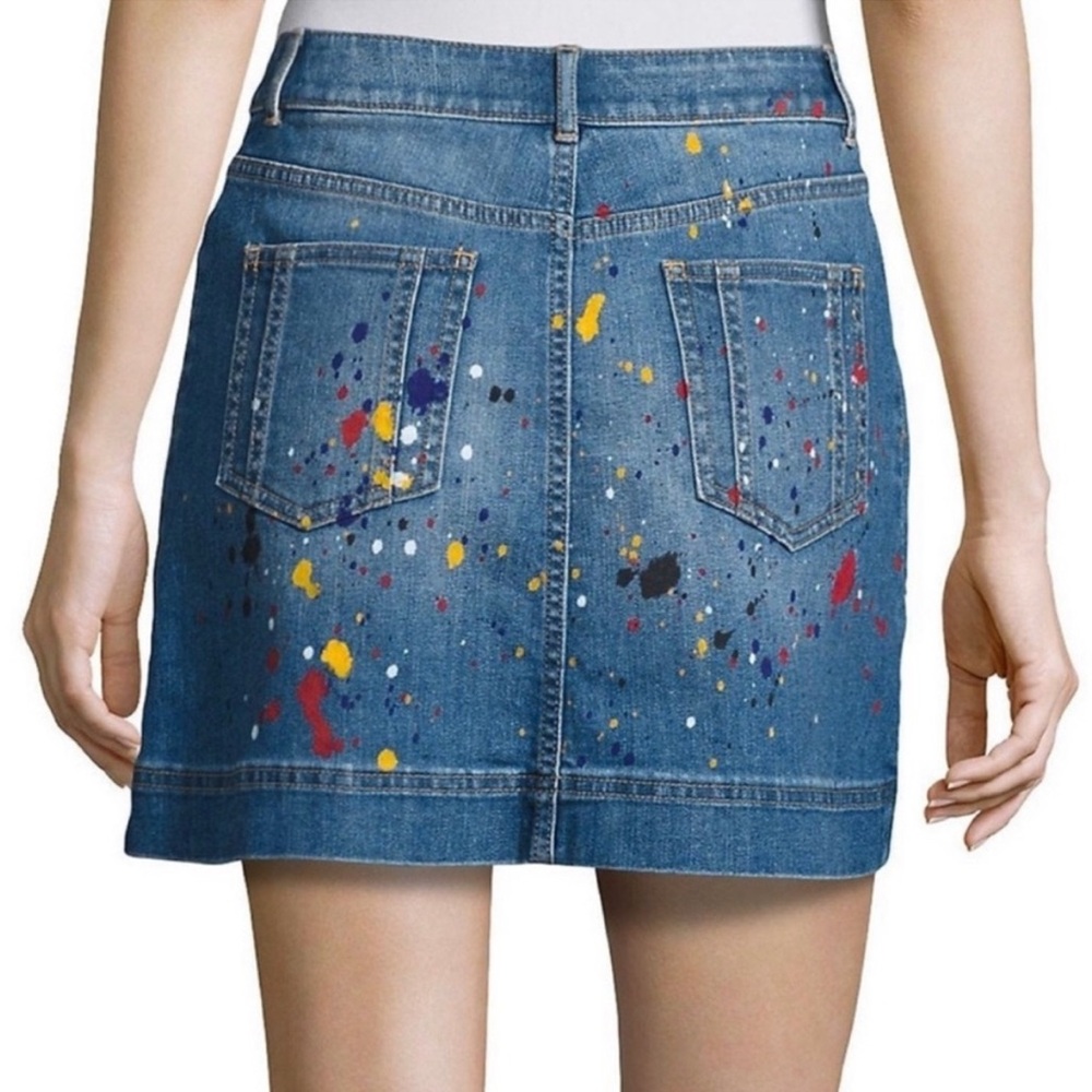 Alice + Olivia Coletta Denim Mini Skirt Splatter Paint Size 28 - Picture 3 of 15
